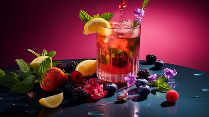  Cocktail détox sans alcool, boisson colorée et fruitée. Fruits rouges, citron, menthe, fruits frais. Boisson saine et rafraîchissante. Pour conception graphique.