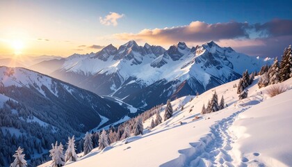 Snowy Mountain Range at Sunset with Golden Sunlight and Clouds Majestic Winter Landscape High Altitude Scene Powder Snow and Evergreen Trees