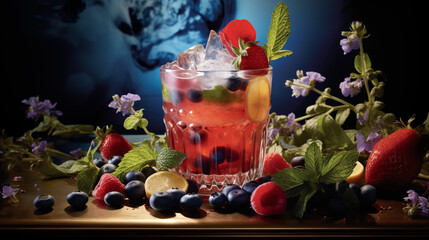  Cocktail détox sans alcool, boisson colorée et fruitée. Fruits rouges, citron, menthe, fruits frais. Boisson saine et rafraîchissante. Pour conception graphique.