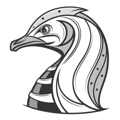 Stylized black and white graphic illustration of a bird s head with intricate tribal markings and flowing lines