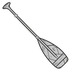 Simple cartoon illustration of a single gray canoe paddle with a flared handle and wooden textured blade