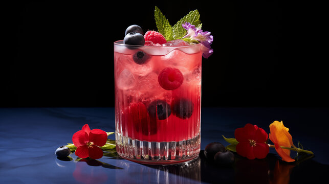  Cocktail d&eacute;tox sans alcool, boisson color&eacute;e et fruit&eacute;e. Fruits rouges, citron, menthe, fruits frais. Boisson saine et rafra&icirc;chissante. Pour conception graphique.