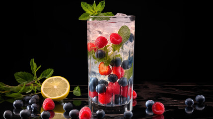  Cocktail détox sans alcool, boisson colorée et fruitée. Fruits rouges, citron, menthe, fruits frais. Boisson saine et rafraîchissante. Pour conception graphique.