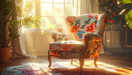 Floral upholstered chair with glowing petal patterns, vibrant fabric in a sunlit room, magical shimmer, crisp textile details, elegant design.
