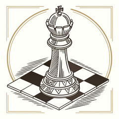 Vintage illustration of a single chess king piece standing on a chessboard within an ornate frame