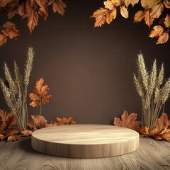 Fototapeta premium Elegant wooden podium surrounded by golden leaves and wheat stalks, soft lighting for a Thanksgiving product showcase