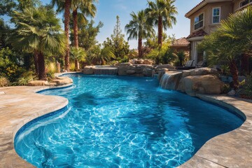 Tropical Paradise: Luxurious Concrete Pool Surrounded by Lush Greenery in a Residential Backyard Retreat