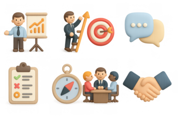 3d business icons: teamwork, strategy, presentation, communication, and success
