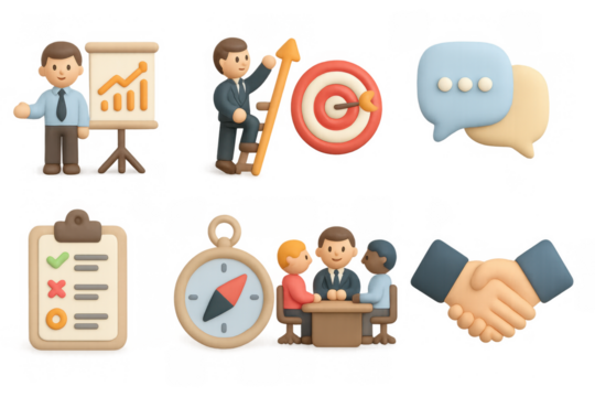 3d business icons: teamwork, strategy, presentation, communication, and success