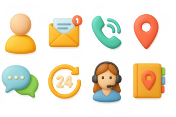 Colorful 3d contact icons: communication, email, phone, location, chat, customer support