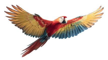 Fototapeta premium Scarlet macaw parrot flying isolated on white background exotic bird wildlife animal photography 100 characters