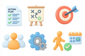 3d business management icons with teamwork and strategy elements