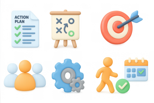 3d business management icons with teamwork and strategy elements