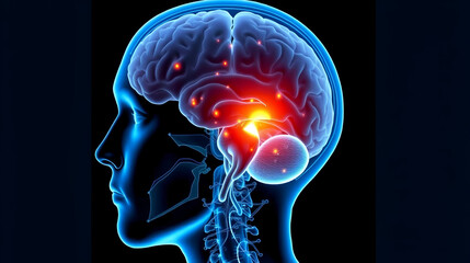 Brain Stem Glioma: The Cranial Nerve Dysfunction and Motor Weakness - Visualize a person with highlighted brain stem showing glioma, experiencing cranial nerve dysfunction and motor weakness