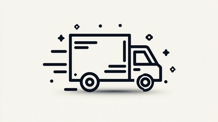 A minimalist line art illustration of a delivery truck speeding, indicated by motion lines and sparkles, cast a subtle shadow on a light grey background