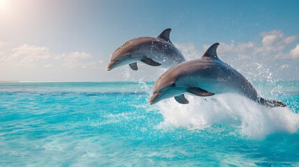 Fototapeta premium Dolphins jumping out of the ocean water wallpaper for desktop background and mobile phone screensaver