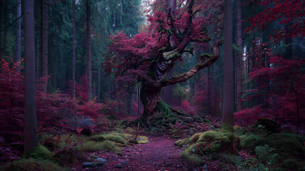 A scary twist with red leaf is in the black forest.