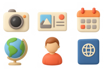 Playful 3d icons: camera, calendar, globe, profile, and passport imagery