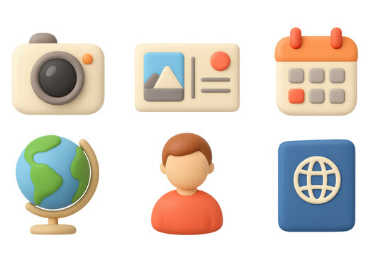 Playful 3d icons: camera, calendar, globe, profile, and passport imagery