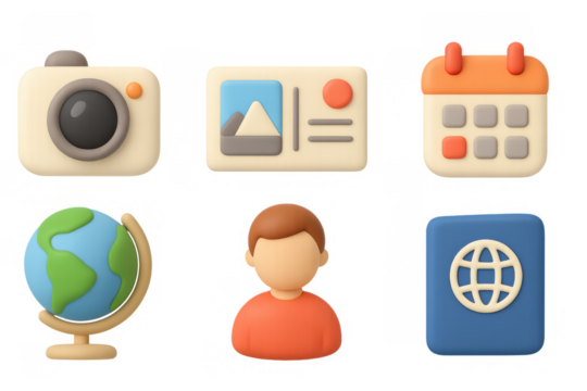 Playful 3d icons: camera, calendar, globe, profile, and passport imagery - Powered by Adobe
