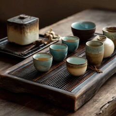 Elegant Ceramic Tea Cups Arranged on Wooden Tray with Accessories