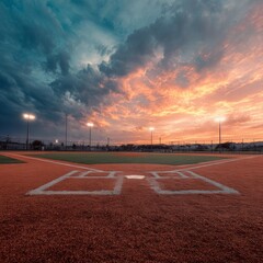 Sunset Over Baseball Field with Dramatic Skies and Lighting Effects