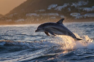 Exhilarating Moment of a Dolphin Leaping from the Ocean Against a Picturesque Sunset Background with Splashing Waves and Coastal Scenery