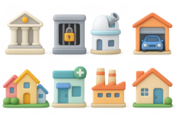 Cute 3d buildings collection: bank, jail, observatory, garage, houses, pharmacy, factory