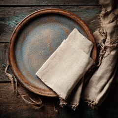 Rustic Plate with Textured Napkin on Weathered Wooden Table