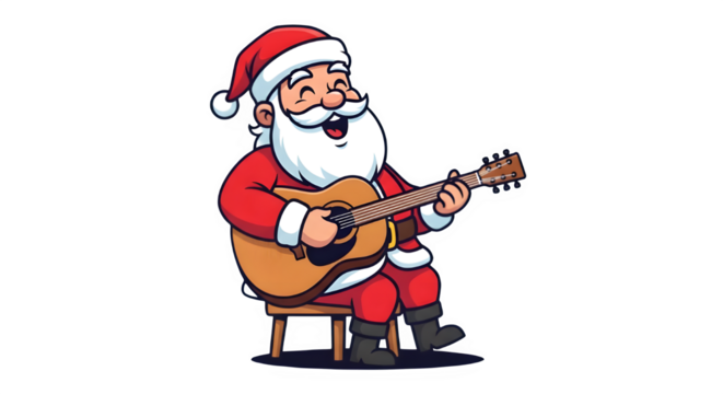 Santa Claus Playing Guitar and Singing Christmas Songs – Cheerful Cartoon Vector PNG