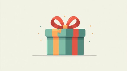 Flat illustration of a gift box with a red ribbon and bow.  Striped box in teal and orange/red.  Light background with confetti