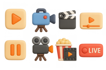 3d cartoon media icons: play, record, live, pause, popcorn