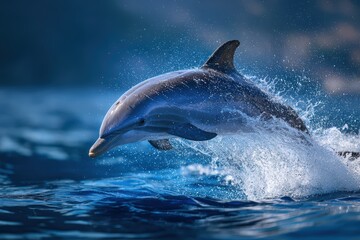 Spectacular close-up of a dolphin leaping through the crystal clear ocean water with splashes, capturing the beauty and grace of marine wildlife in their natural habitat