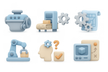 Soft pastel 3d icons of industrial machines and engineering elements
