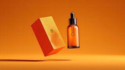 Floating amber dropper bottle and box on orange background