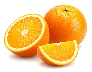 Fototapeta premium Freshly sliced oranges, vibrant and juicy, are displayed against a pristine white background.