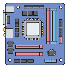 Computer motherboard elements and components illustration with microchip, ram slots, and connectors