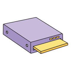 Flat illustration of a violet DVD player with a yellow disc sticking out, representing elements of a computer