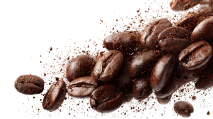 Coffee beans flying isolated on isolated png background. Generative AI.