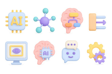 3d ai technology icons: neural networks and machine learning concepts