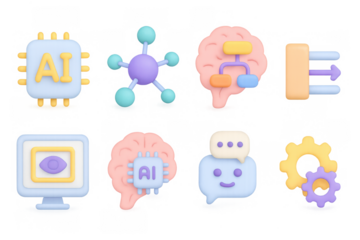 3d ai technology icons: neural networks and machine learning concepts