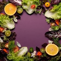 Fresh Leafy Greens and Vibrant Citrus on Purple Surface Display