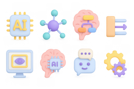 3d ai technology icons: neural networks and machine learning concepts