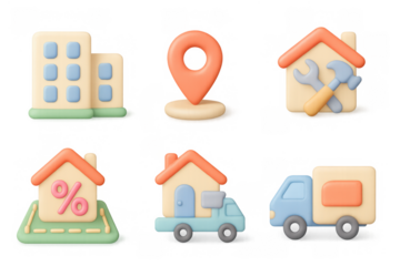 Cute 3d icons of buildings, tools, and vehicles for real estate and construction