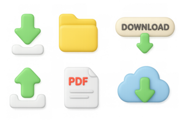 3d cloud icons for file management: download, upload, and document symbols
