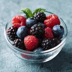 Fresh Mixed Berries in Clear Glass Bowl on Textured Background