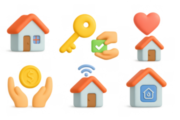 3d real estate icons: home, key, heart, coin, and wireless symbols for property concepts