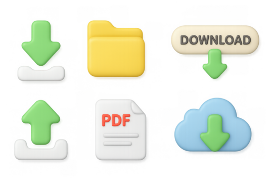 3d cloud icons for file management: download, upload, and document symbols