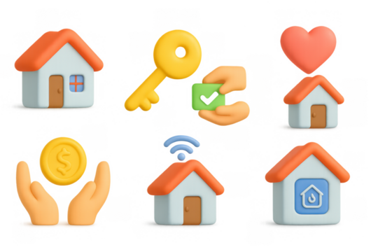 3d real estate icons: home, key, heart, coin, and wireless symbols for property concepts