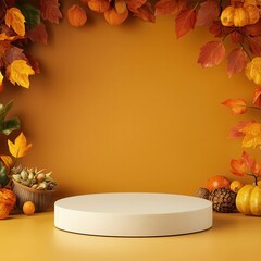 Floating podium with cornucopia and golden fall leaves, warm and cozy lighting for a Thanksgiving-themed product mockup